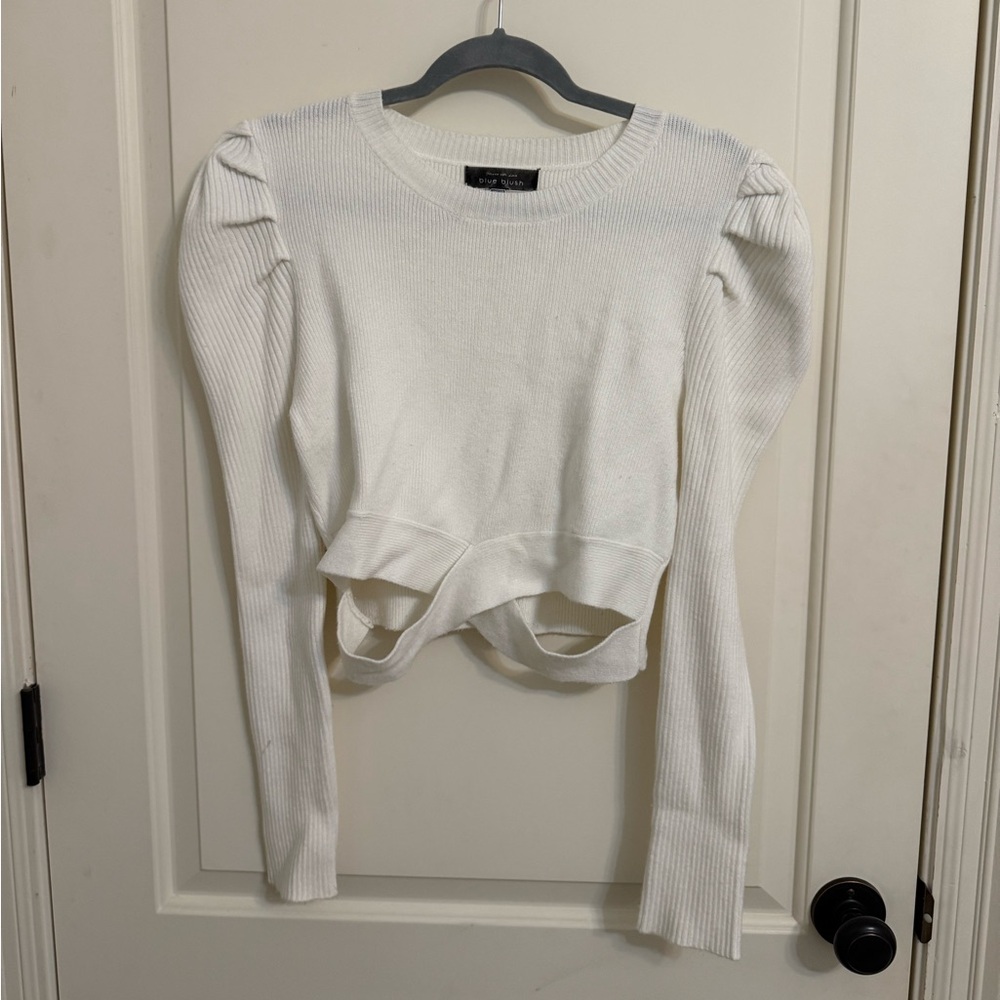 Blue Blush White Ribbed Puff-Sleeve Sweater Top